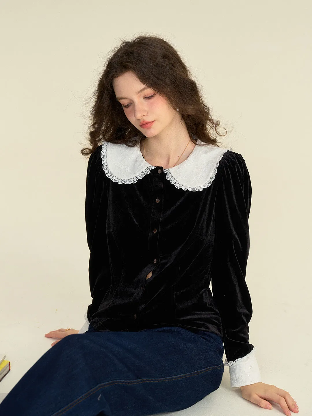 【Final Sale】Allyson Peter Pan Collar Lace Lace Embroidery Shirt sold by Simple Retro
