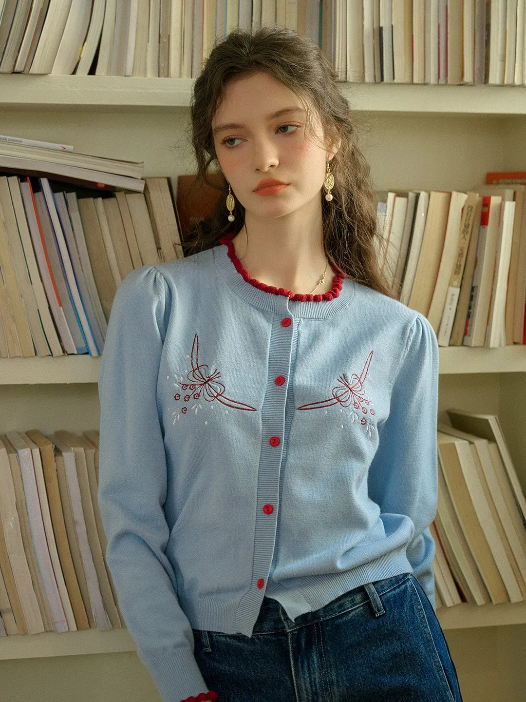 【Final Sale】Soleil Standing Collar Embroidered Colour Clash Sweater Cardigan sold by Simple Retro product image thumbnail 4