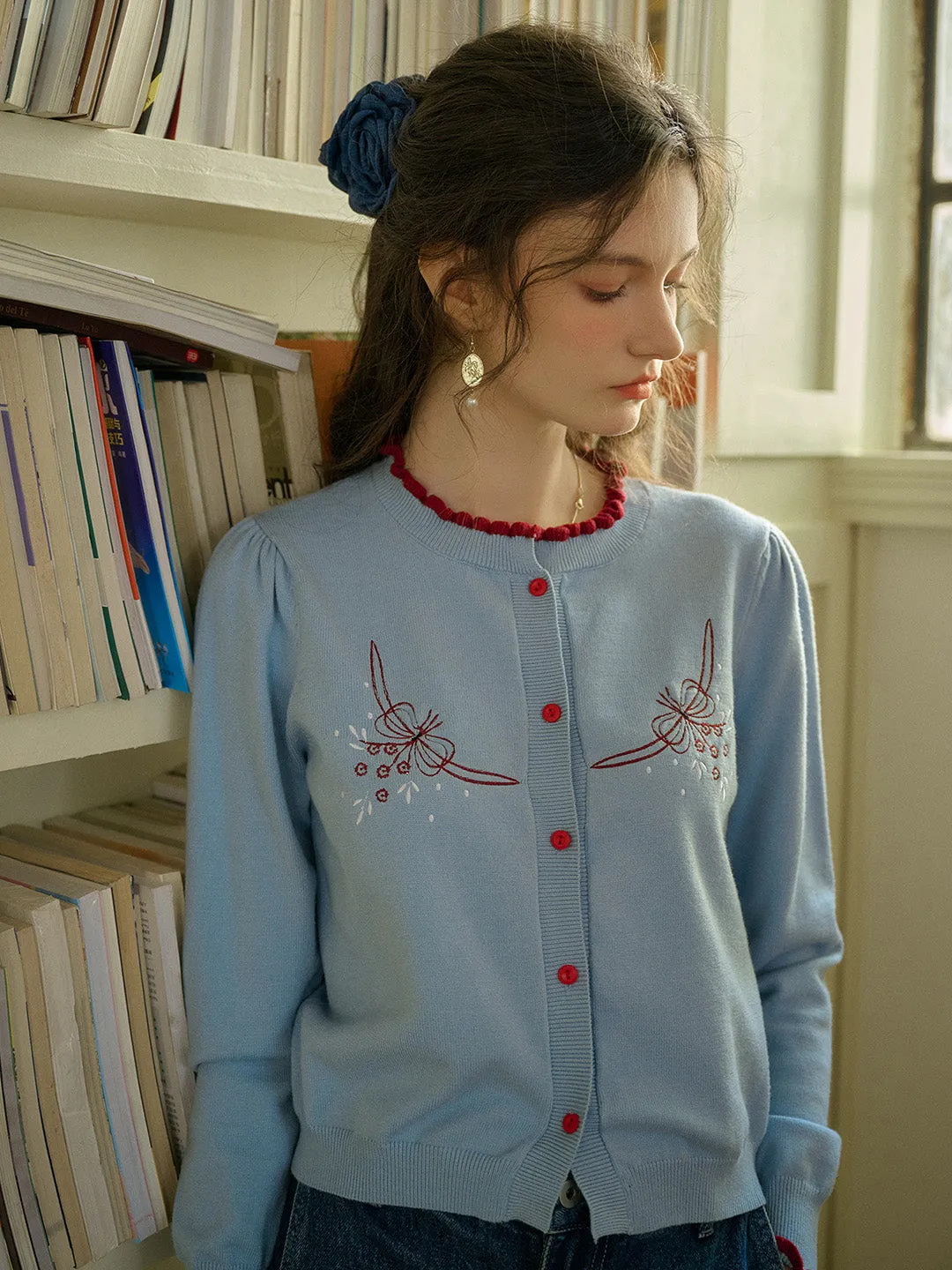 【Final Sale】Soleil Standing Collar Embroidered Colour Clash Sweater Cardigan sold by Simple Retro