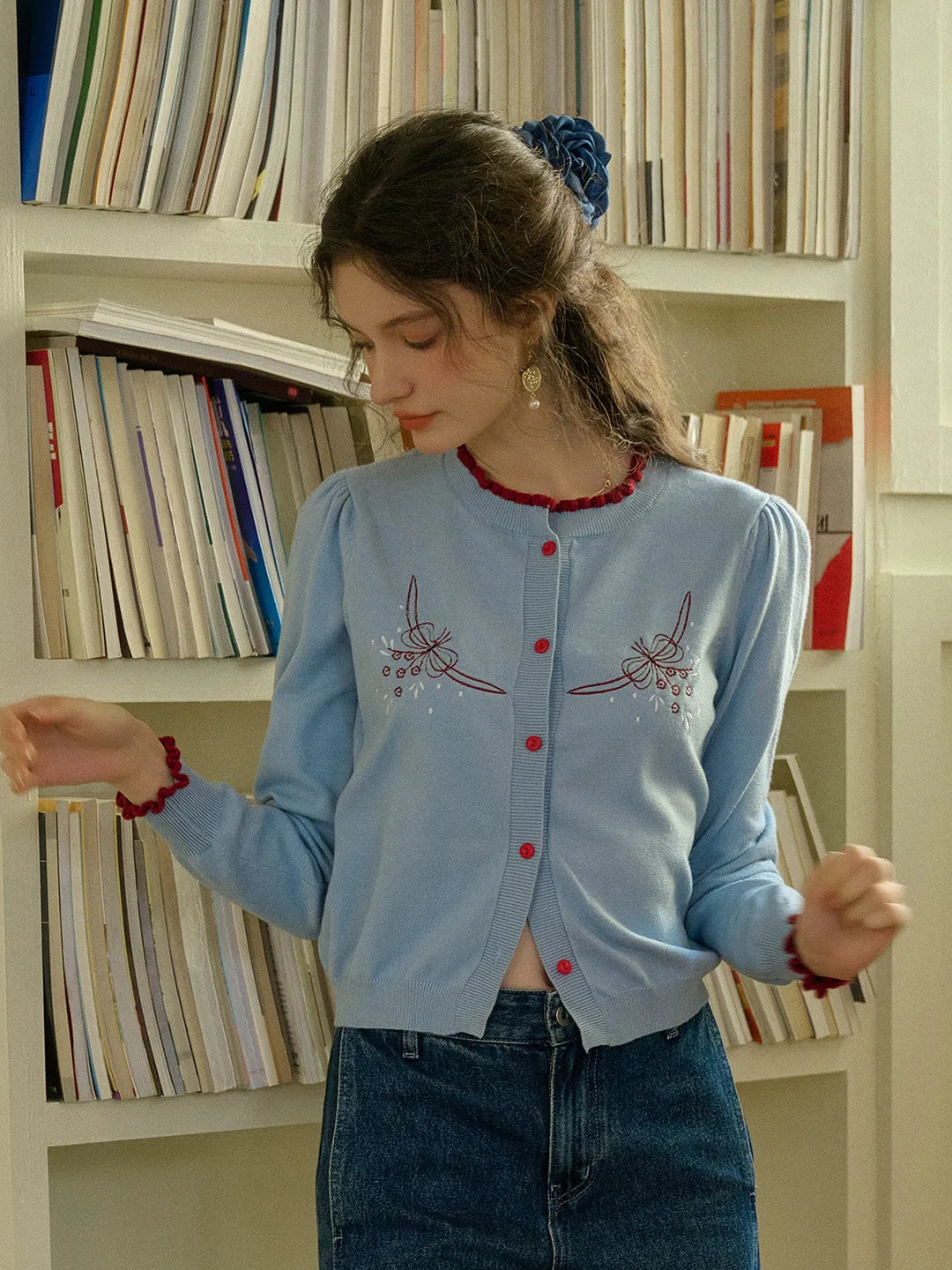 【Final Sale】Soleil Standing Collar Embroidered Colour Clash Sweater Cardigan sold by Simple Retro product image thumbnail 3