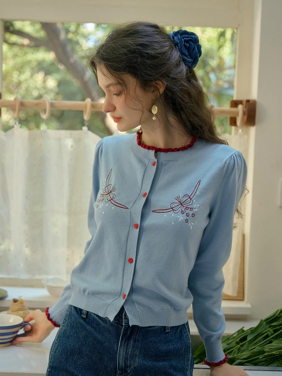 【Final Sale】Soleil Standing Collar Embroidered Colour Clash Sweater Cardigan sold by Simple Retro product image thumbnail 5