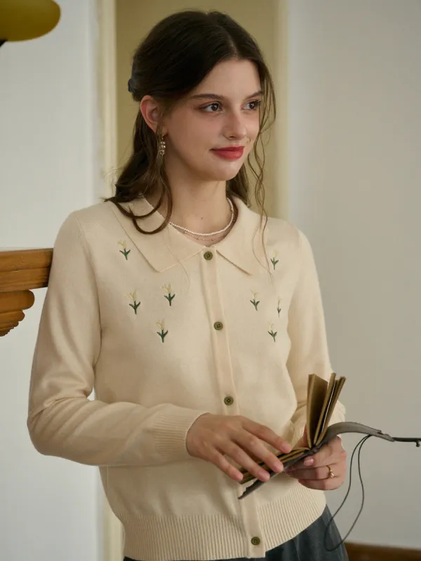 【Final Sale】Skyla Round Neck Embroidery Cardigan sold by Simple Retro