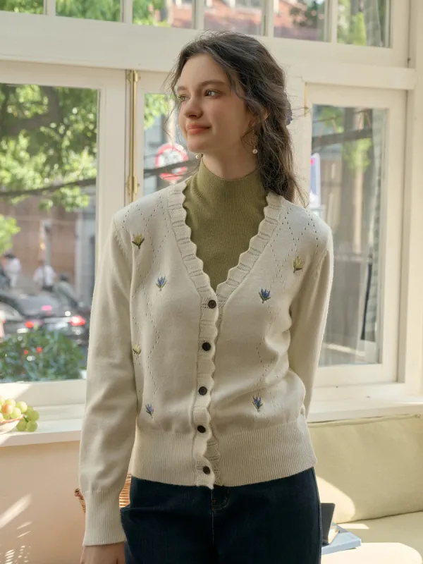 【 Final Sale】Vivian V-Neck Contrasting Embroidery Cardigan sold by Simple Retro