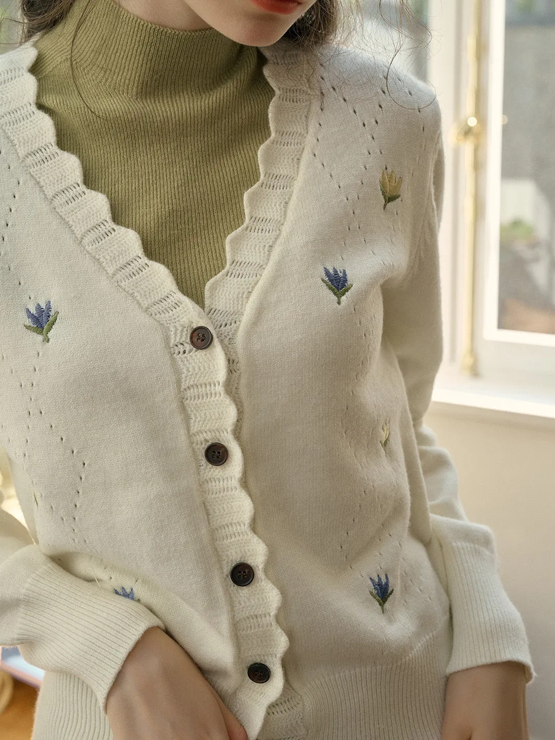 【 Final Sale】Vivian V-Neck Contrasting Embroidery Cardigan sold by Simple Retro product image thumbnail 2