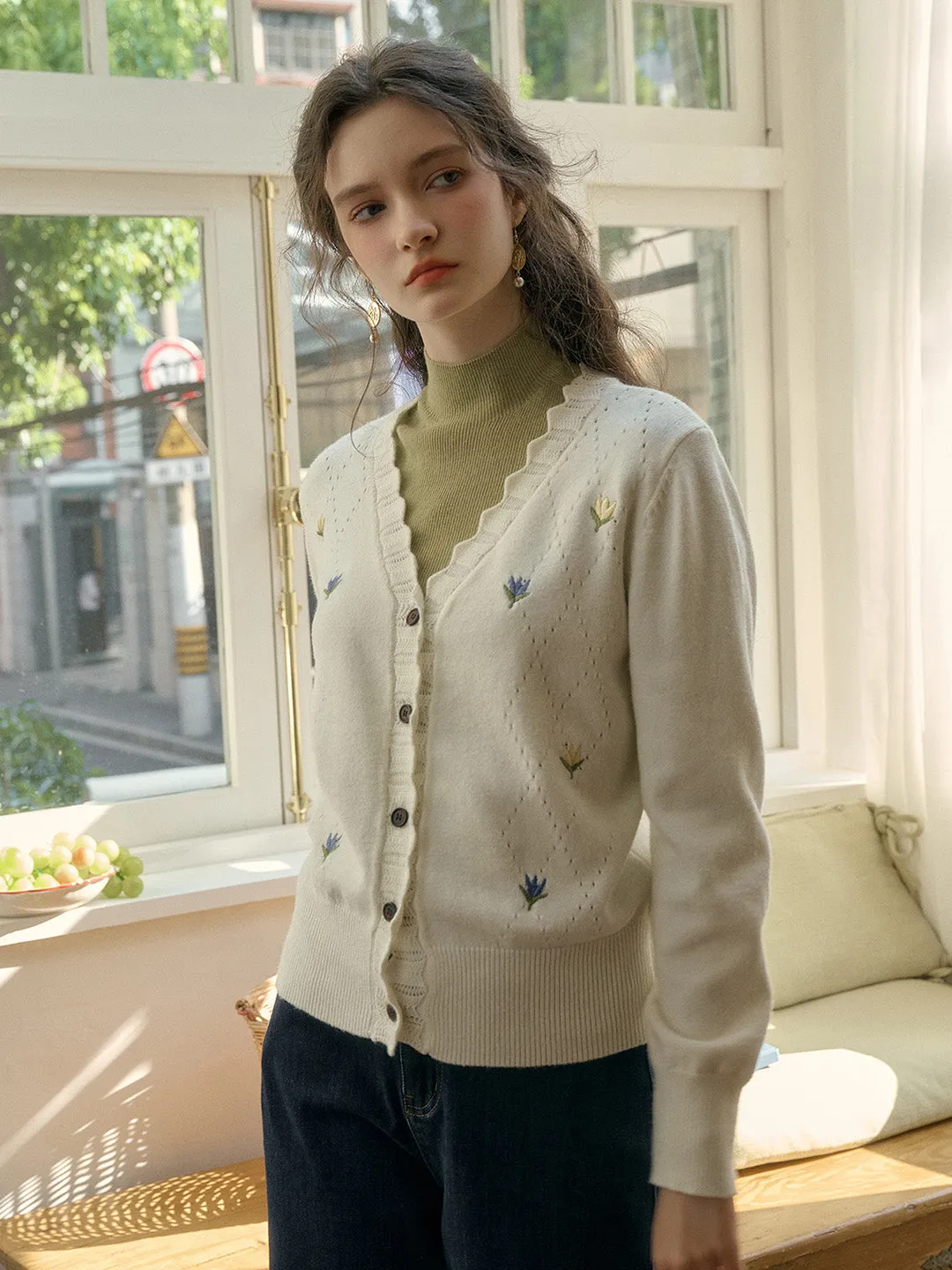 【 Final Sale】Vivian V-Neck Contrasting Embroidery Cardigan sold by Simple Retro product image thumbnail 3