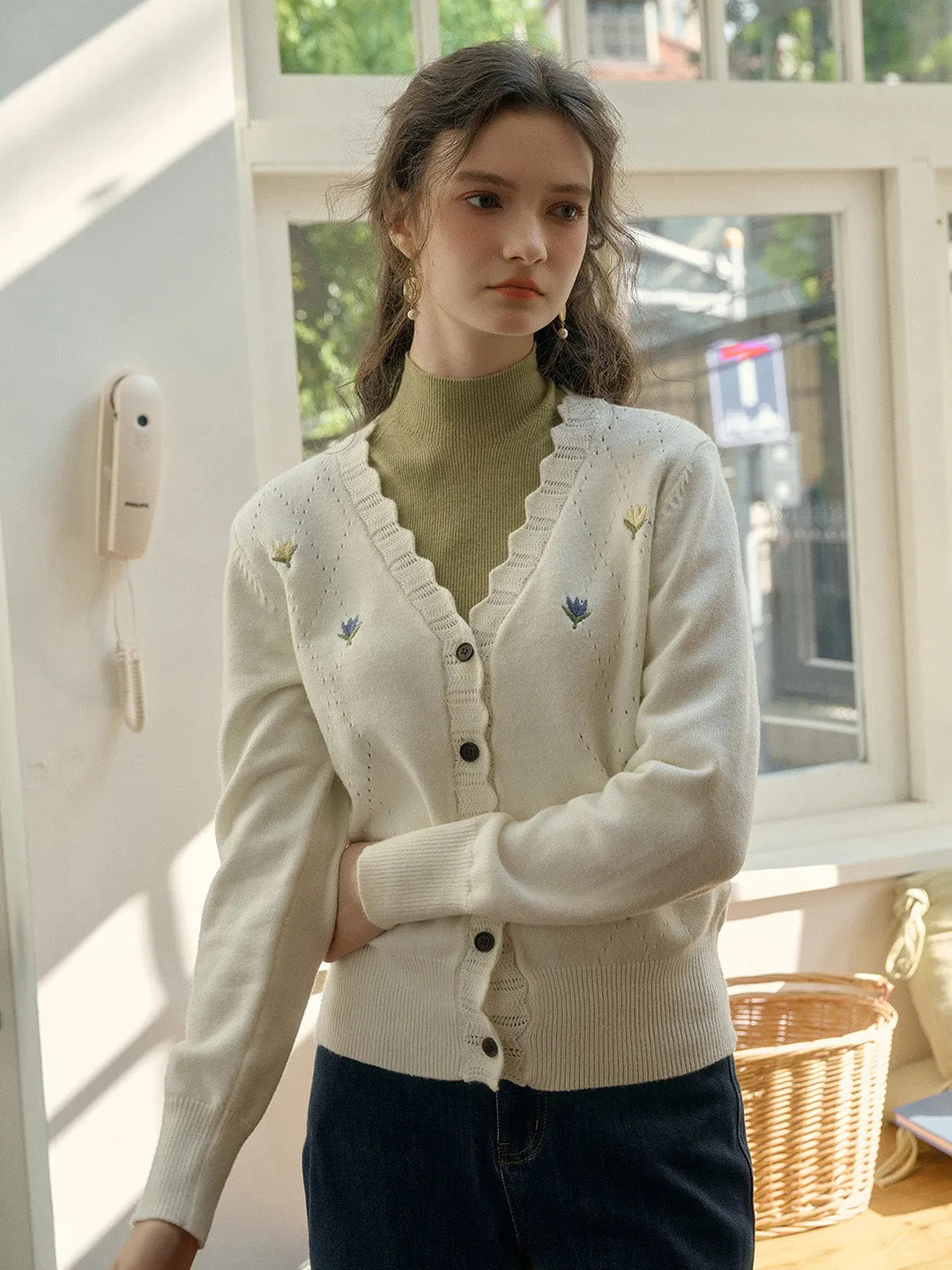 【 Final Sale】Vivian V-Neck Contrasting Embroidery Cardigan sold by Simple Retro product image thumbnail 5