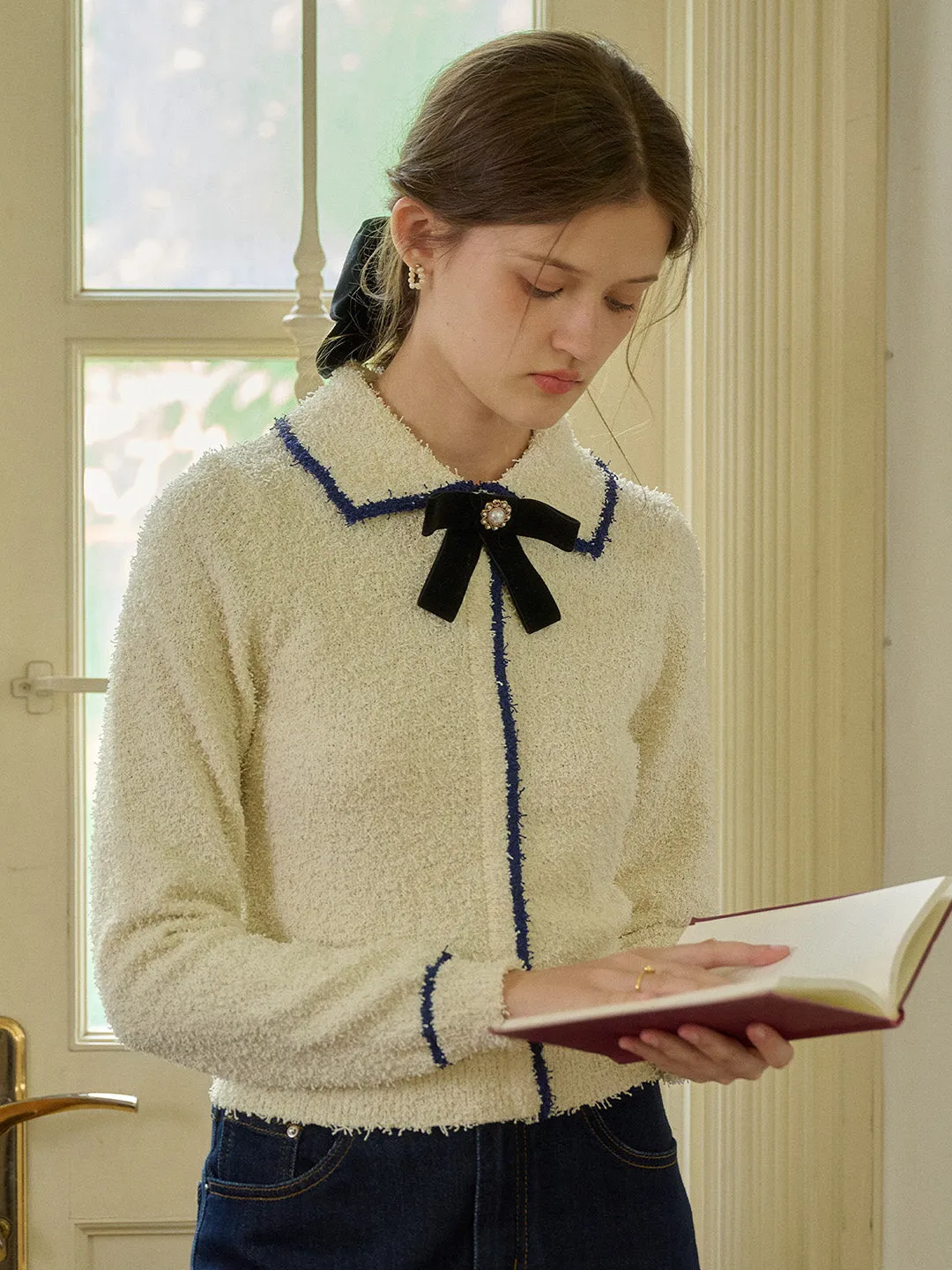 【Final Sale】Paige V-Neck Contrasting Trim Bow Sweater sold by Simple Retro