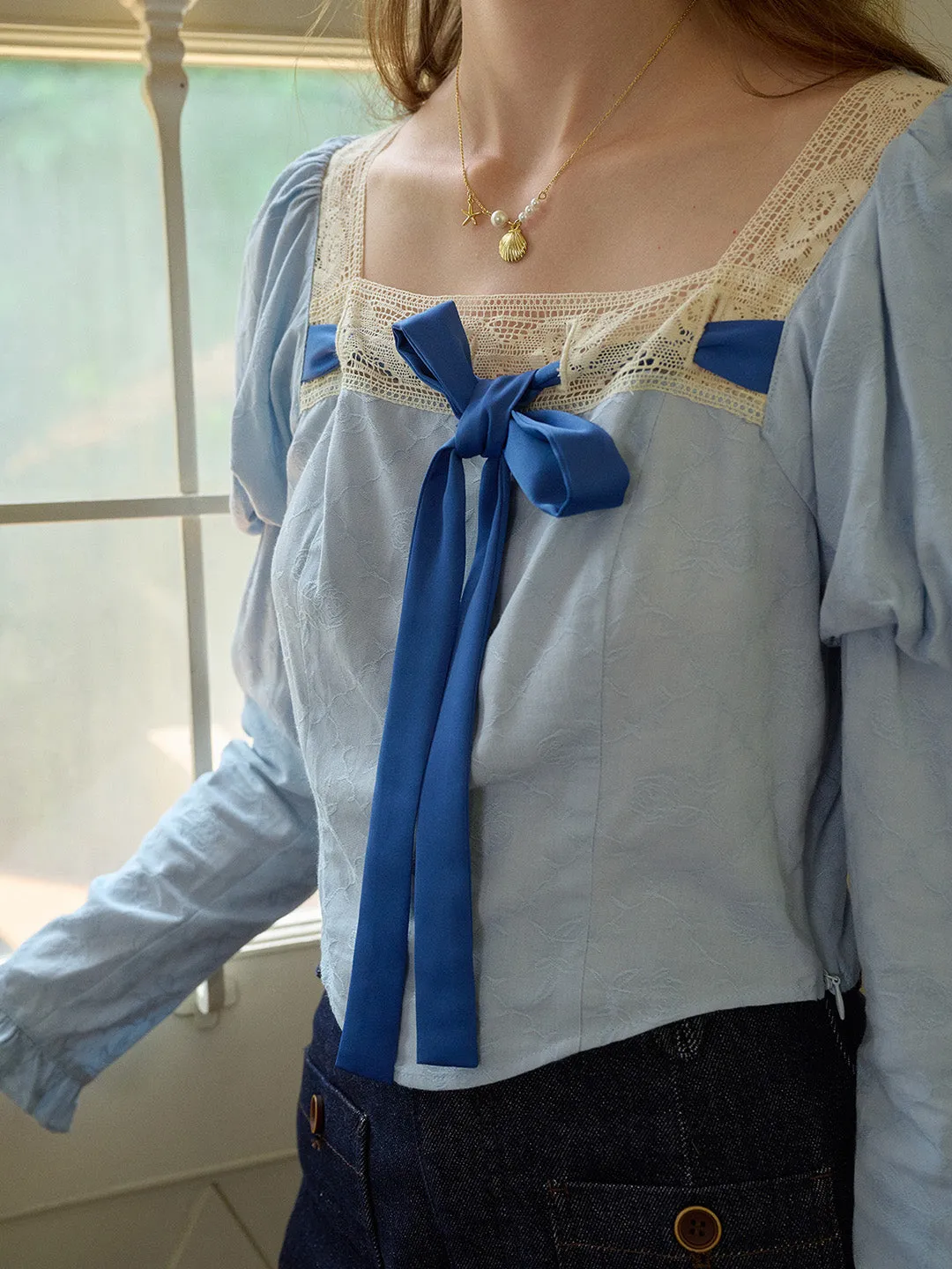 【Final Sale】Aaliyah Square Collar Bow Light Blue Blouse sold by Simple Retro product image thumbnail 2