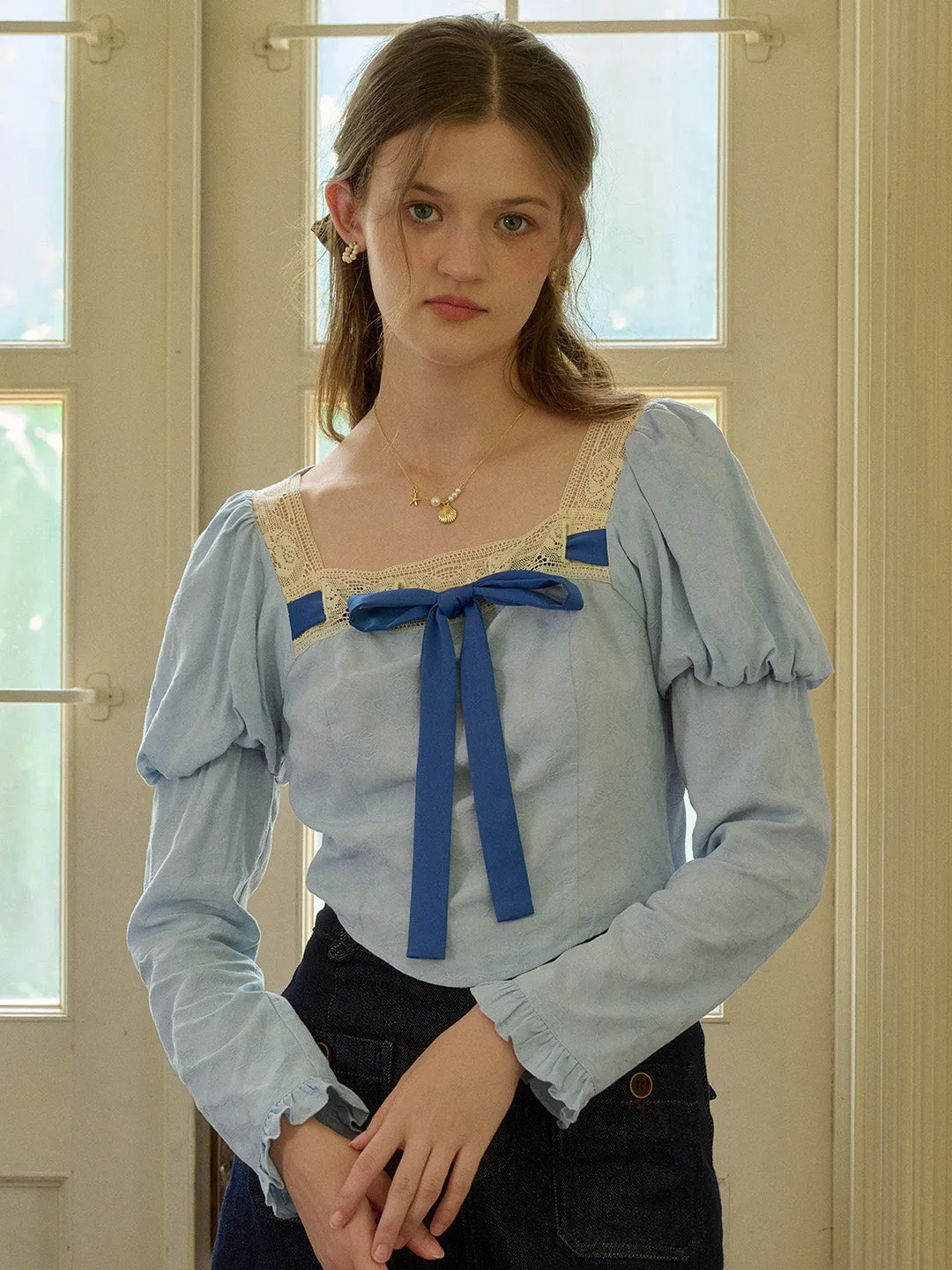 【Final Sale】Aaliyah Square Collar Bow Light Blue Blouse sold by Simple Retro product image thumbnail 5