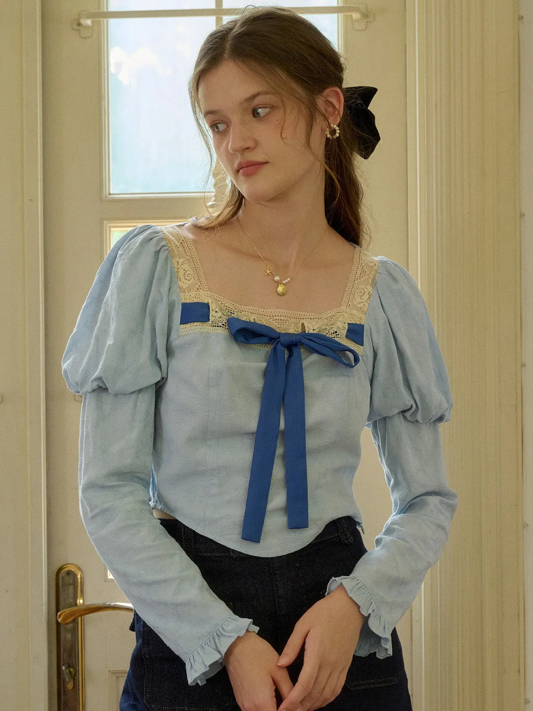 【Final Sale】Aaliyah Square Collar Bow Light Blue Blouse sold by Simple Retro product image thumbnail 4