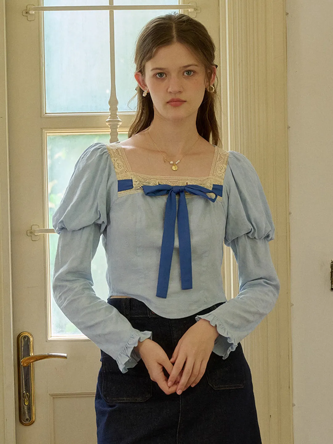 【Final Sale】Aaliyah Square Collar Bow Light Blue Blouse sold by Simple Retro product image thumbnail 3