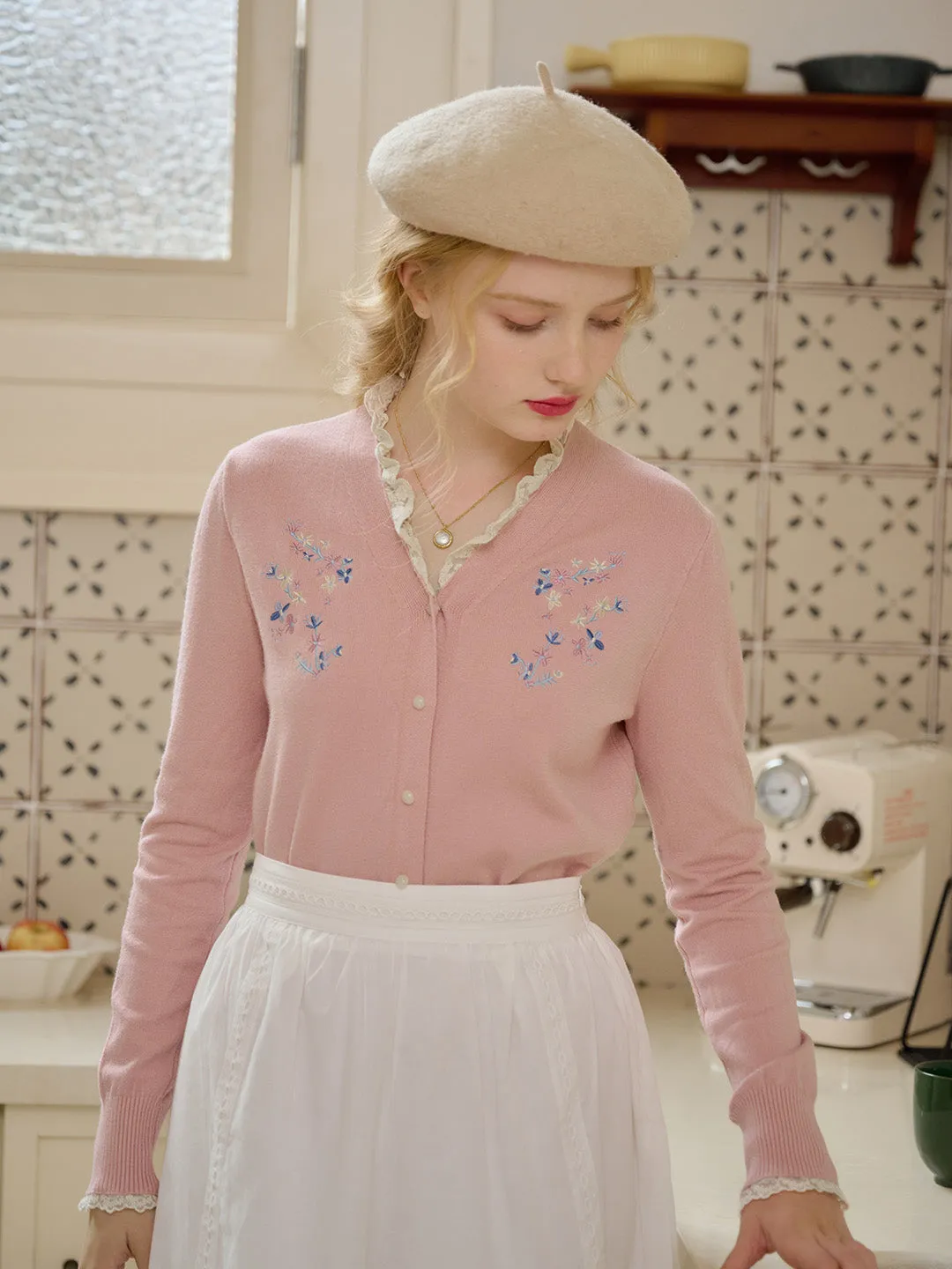 【Final Sale】Brielle Floral Embroidery Lace Trim Cardigan sold by Simple Retro