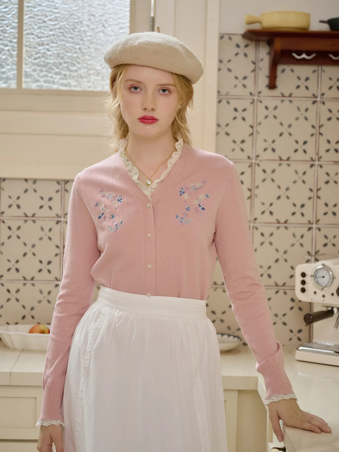 【Final Sale】Brielle Floral Embroidery Lace Trim Cardigan sold by Simple Retro product image thumbnail 5