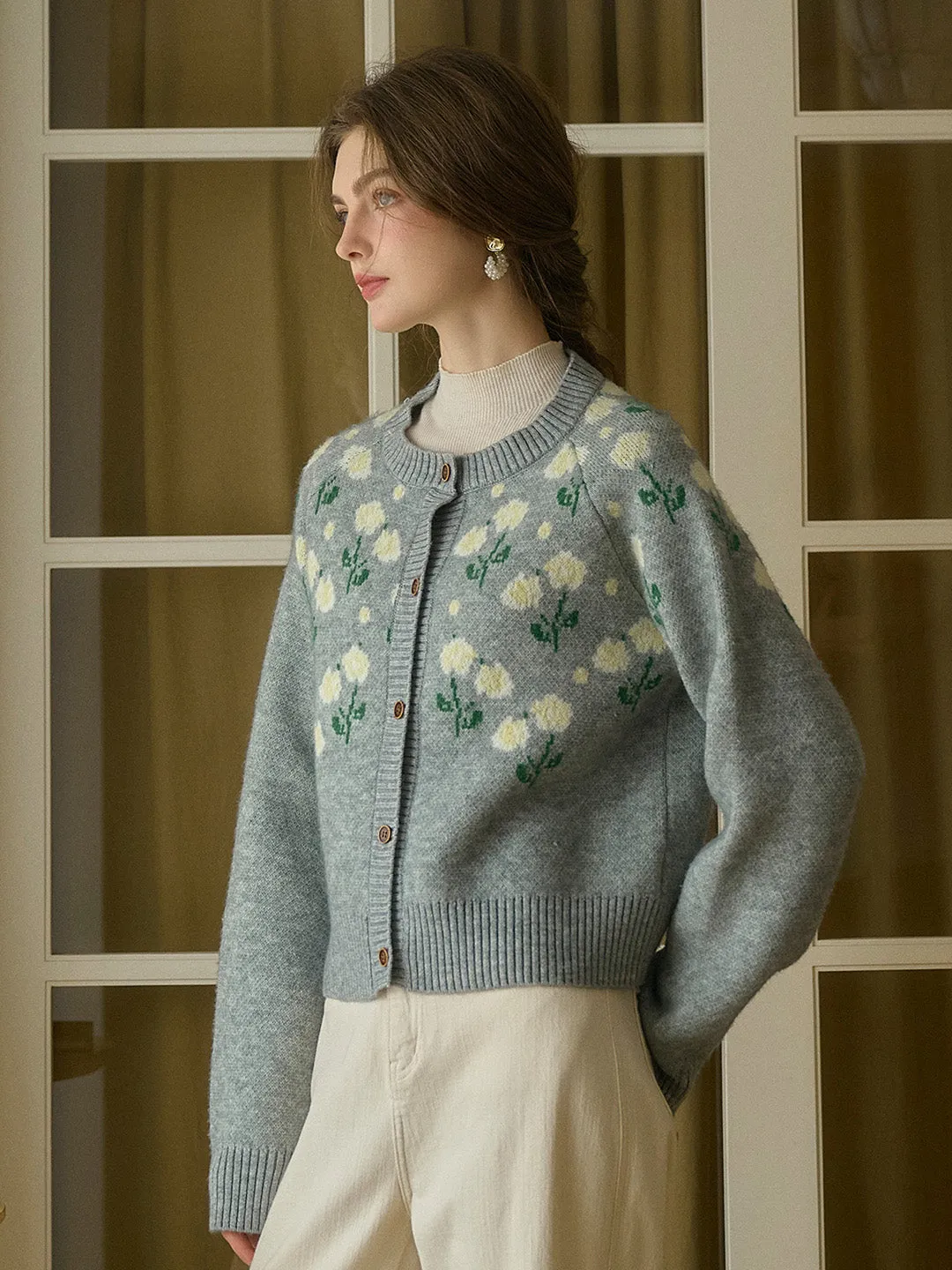 Aadhya Round Neck Flower Pattern Knitted Cardigan sold by Simple Retro
