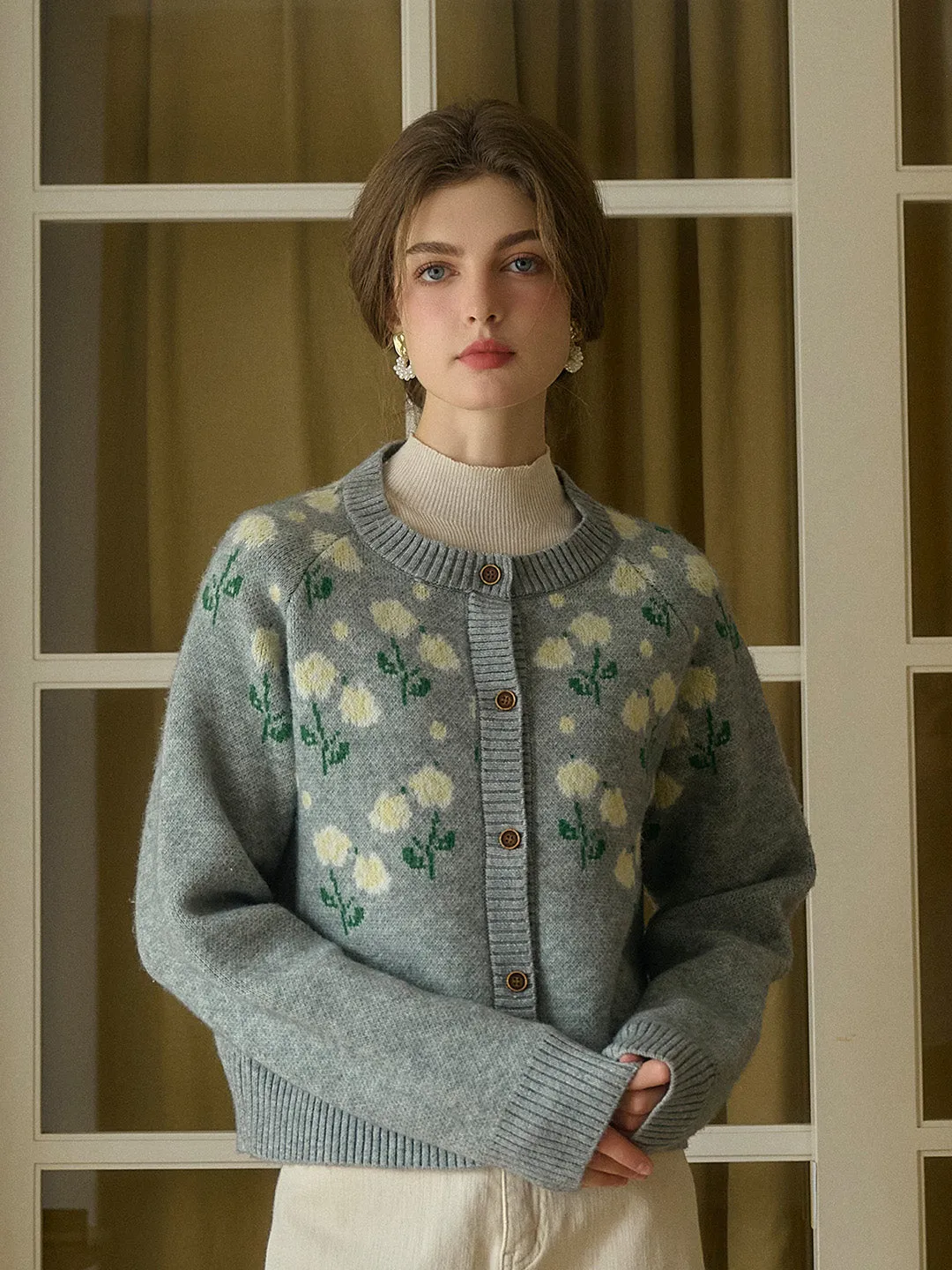 Aadhya Round Neck Flower Pattern Knitted Cardigan sold by Simple Retro product image thumbnail 3