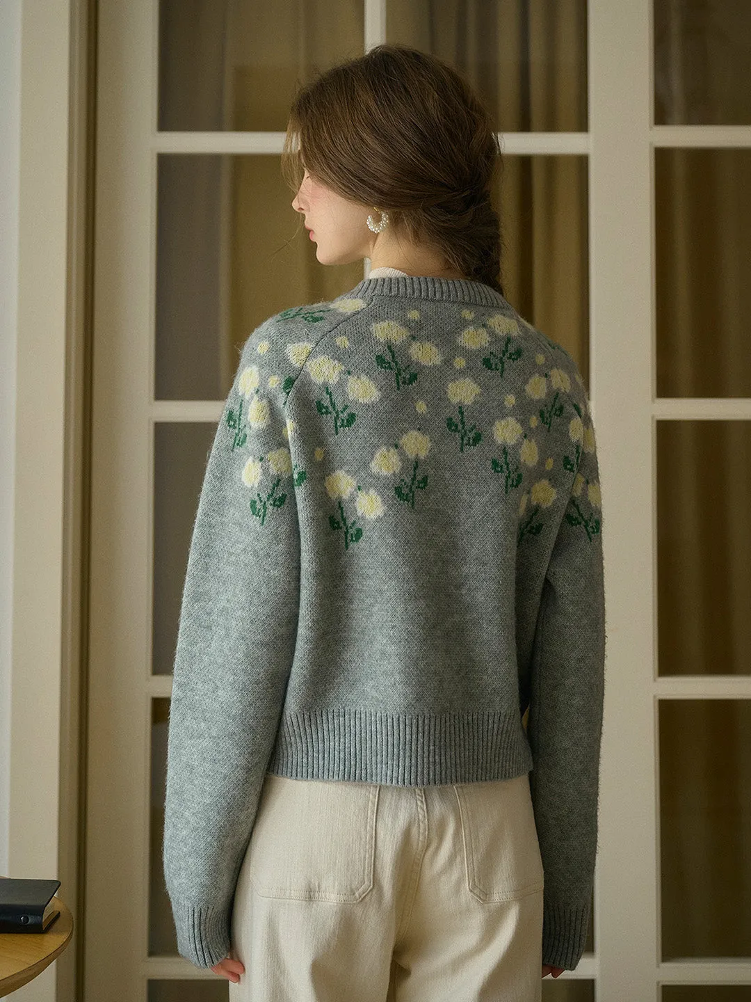 Aadhya Round Neck Flower Pattern Knitted Cardigan sold by Simple Retro product image thumbnail 4