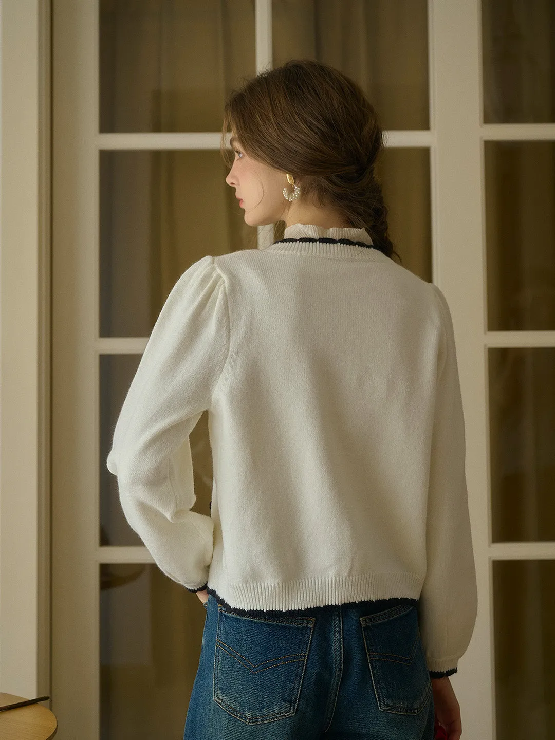 Araya Ribbed Round Neck Contrasting 3D Rose Knitted Cardigan sold by Simple Retro product image thumbnail 4