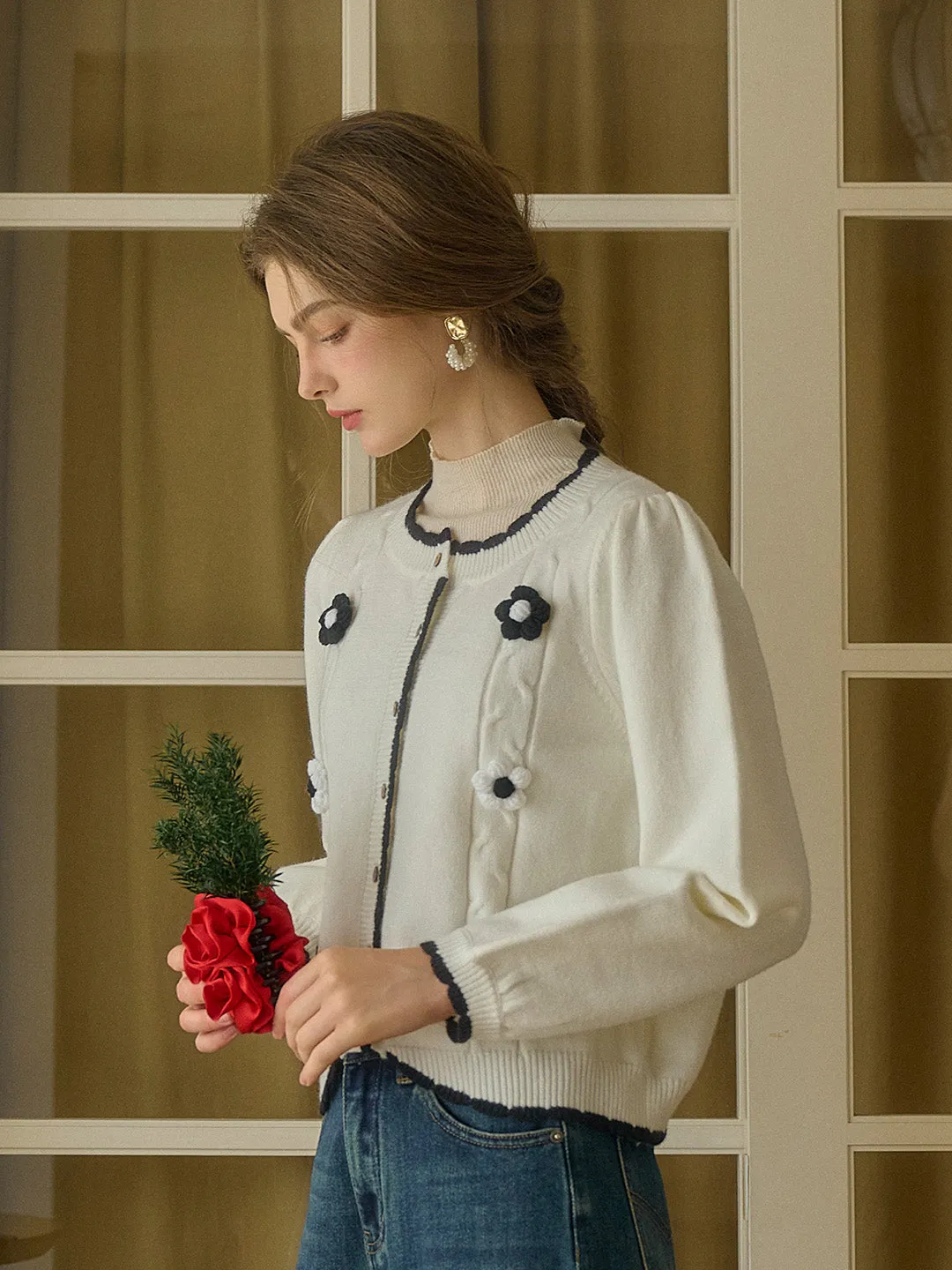 Araya Ribbed Round Neck Contrasting 3D Rose Knitted Cardigan sold by Simple Retro product image thumbnail 3