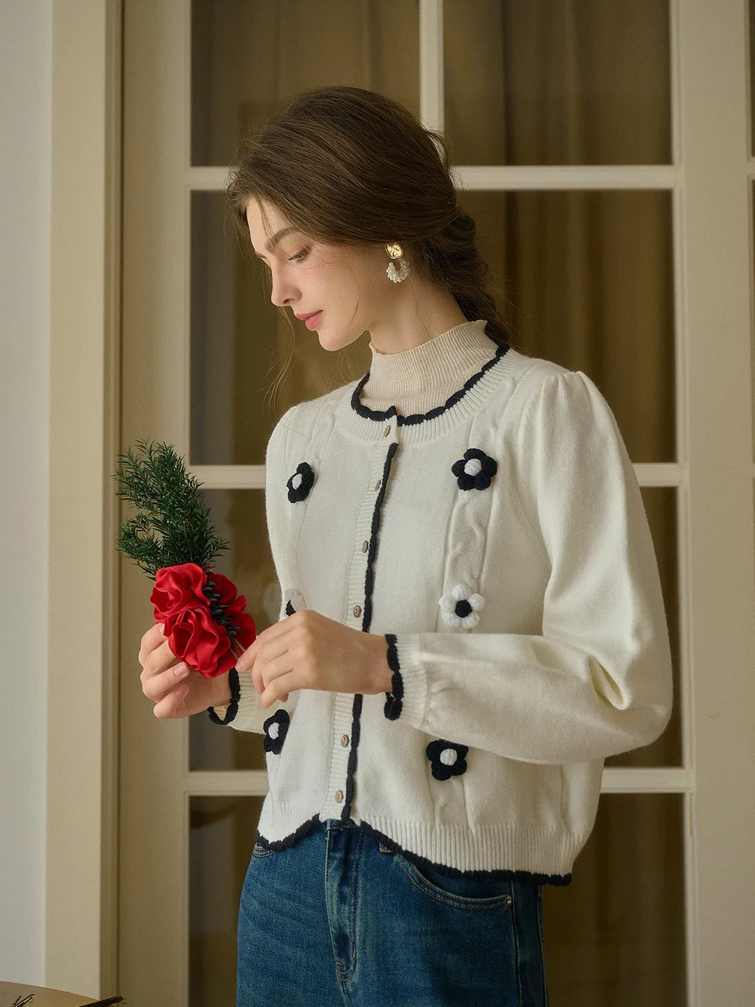 Araya Ribbed Round Neck Contrasting 3D Rose Knitted Cardigan sold by Simple Retro product image thumbnail 5