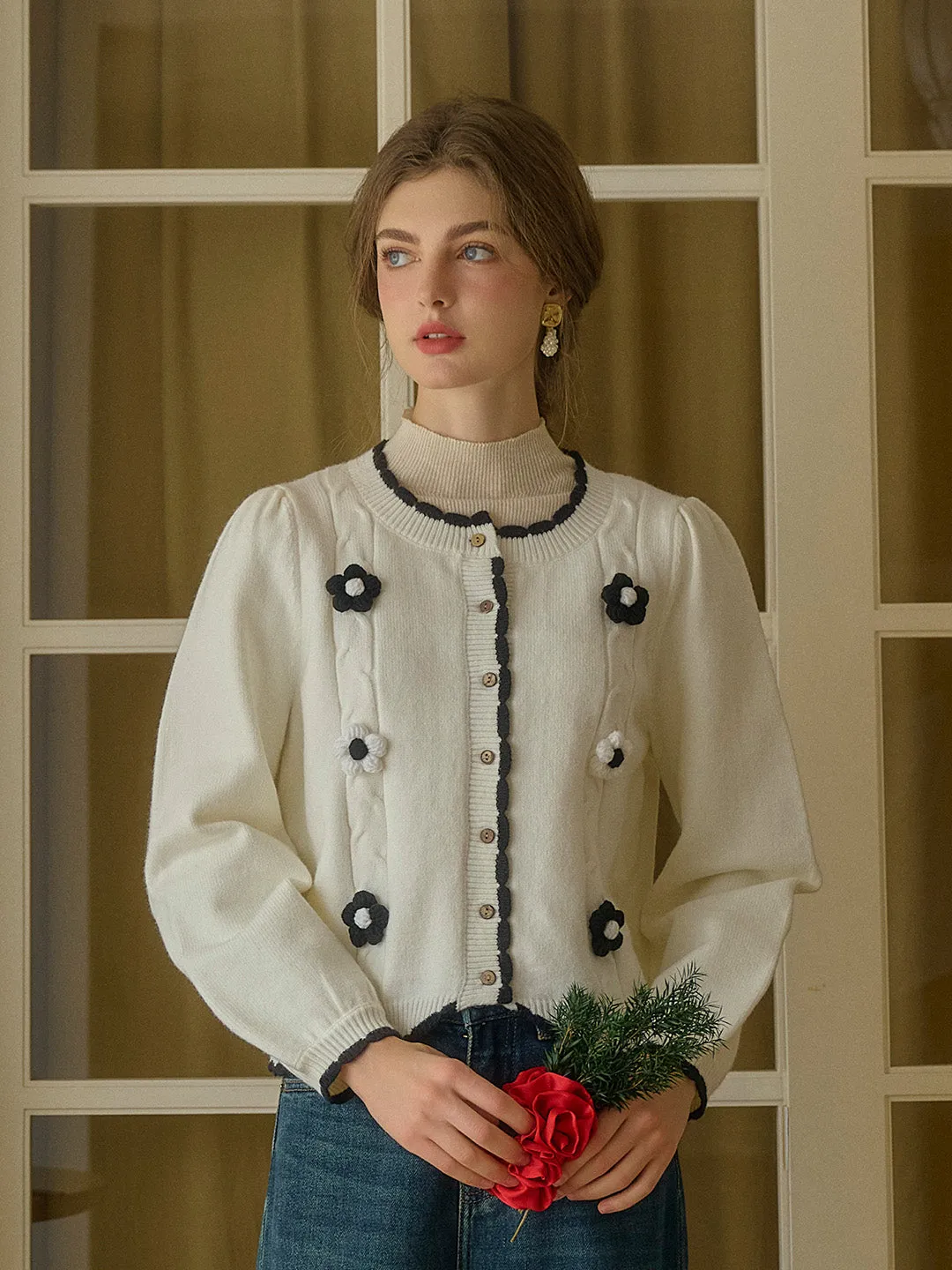 Araya Ribbed Round Neck Contrasting 3D Rose Knitted Cardigan sold by Simple Retro