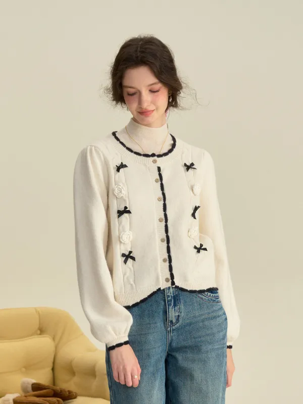 Neriah Round Neck Contrasting 3D Rose Bow Knitted Cardigan sold by Simple Retro