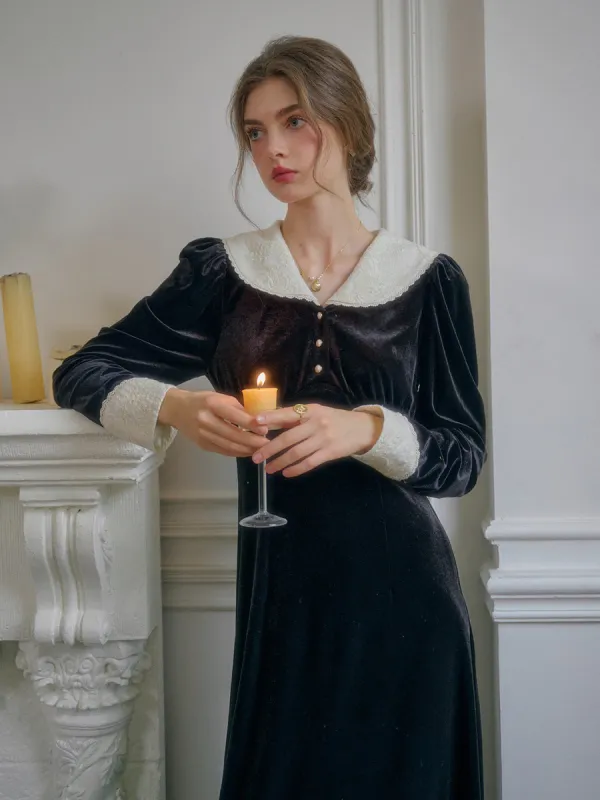 Adriana Elegant V-Neck Lace Hollow Contrasting Velvet Dress sold by Simple Retro