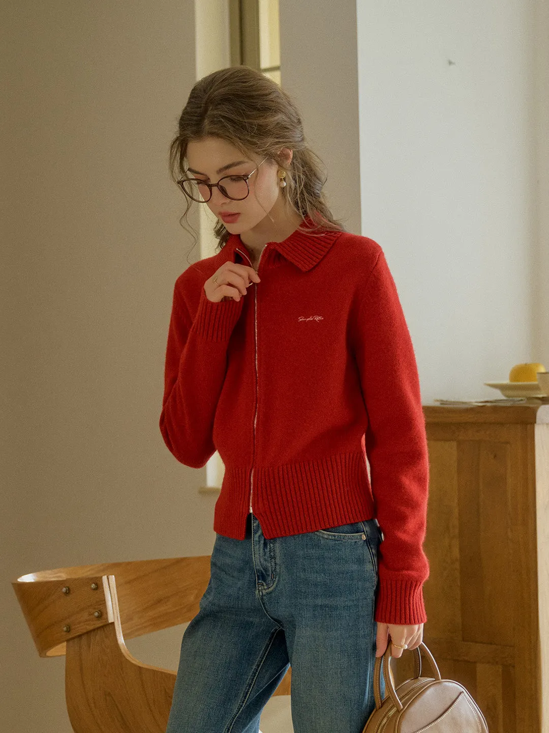 Angelina Simple Polo Collar Embroidered Logo 100% Wool Sweater sold by Simple Retro product image thumbnail 3