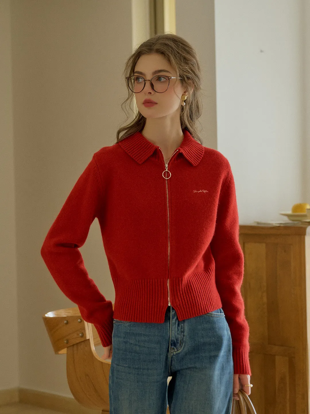 Angelina Simple Polo Collar Embroidered Logo 100% Wool Sweater sold by Simple Retro