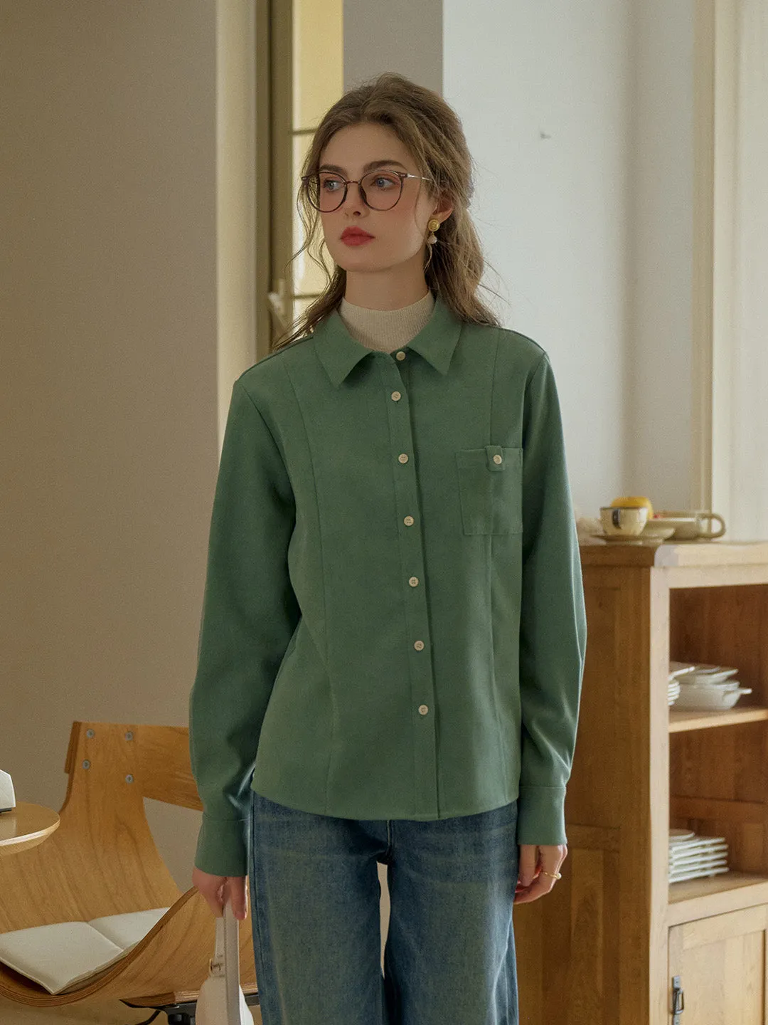 Kate Speard Collar Long Sleeve Corduroy Pocket Shirt sold by Simple Retro product image thumbnail 3