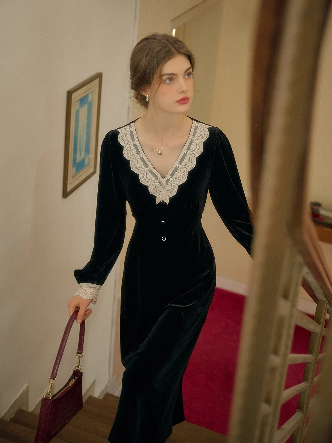 Kristen Elegant V-Neck Contrasting Lace Velvet Dress sold by Simple Retro