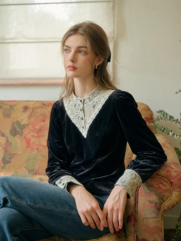 Gigi Retro Round Neck Contrasting Lace Velvet Blouse sold by Simple Retro
