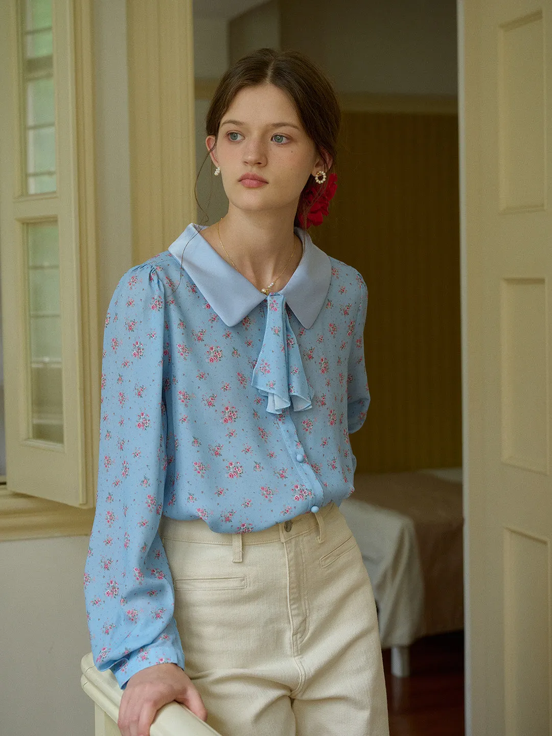 【Final Sale】Alexis Long Sleeve Patchwork Peter Pan Collar Embroidery Casual Blouse - Blue sold by Simple Retro