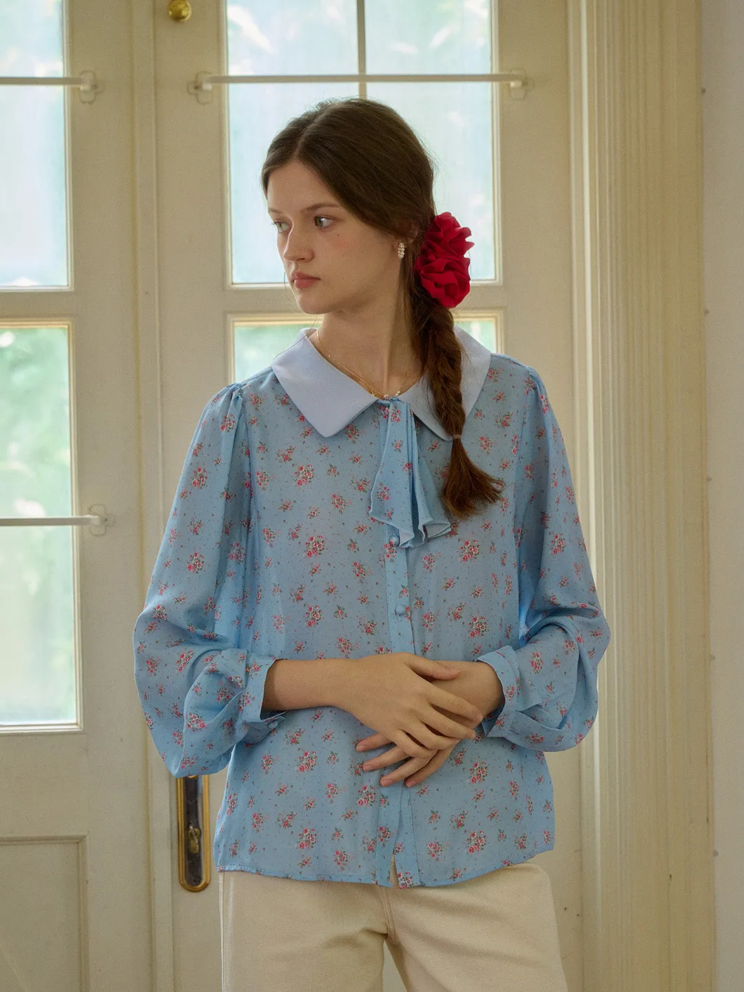 【Final Sale】Alexis Long Sleeve Patchwork Peter Pan Collar Embroidery Casual Blouse - Blue sold by Simple Retro product image thumbnail 5