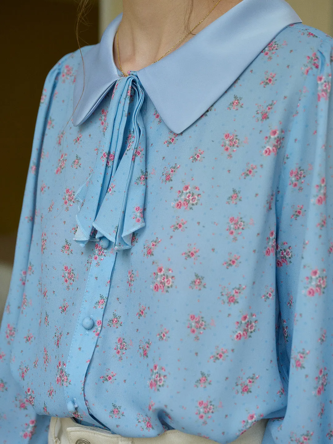 【Final Sale】Alexis Long Sleeve Patchwork Peter Pan Collar Embroidery Casual Blouse - Blue sold by Simple Retro product image thumbnail 2