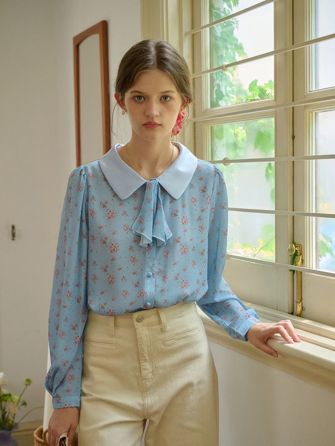 【Final Sale】Alexis Long Sleeve Patchwork Peter Pan Collar Embroidery Casual Blouse - Blue sold by Simple Retro product image thumbnail 3