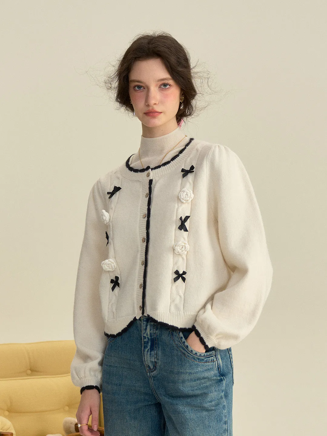 【Final Sale】Neriah Round Neck Contrasting 3D Rose Bow Knitted Cardigan sold by Simple Retro product image thumbnail 3