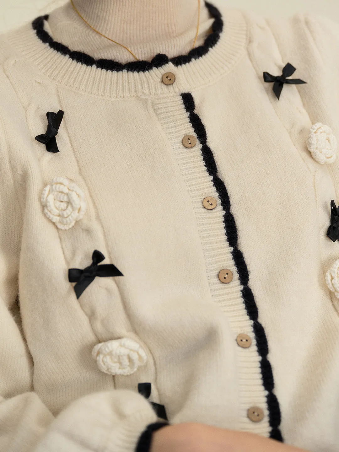 【Final Sale】Neriah Round Neck Contrasting 3D Rose Bow Knitted Cardigan sold by Simple Retro product image thumbnail 2