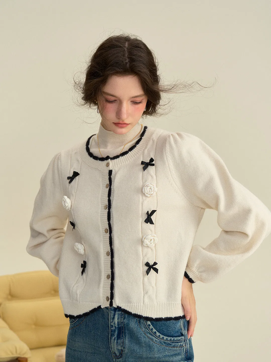 【Final Sale】Neriah Round Neck Contrasting 3D Rose Bow Knitted Cardigan sold by Simple Retro product image thumbnail 5