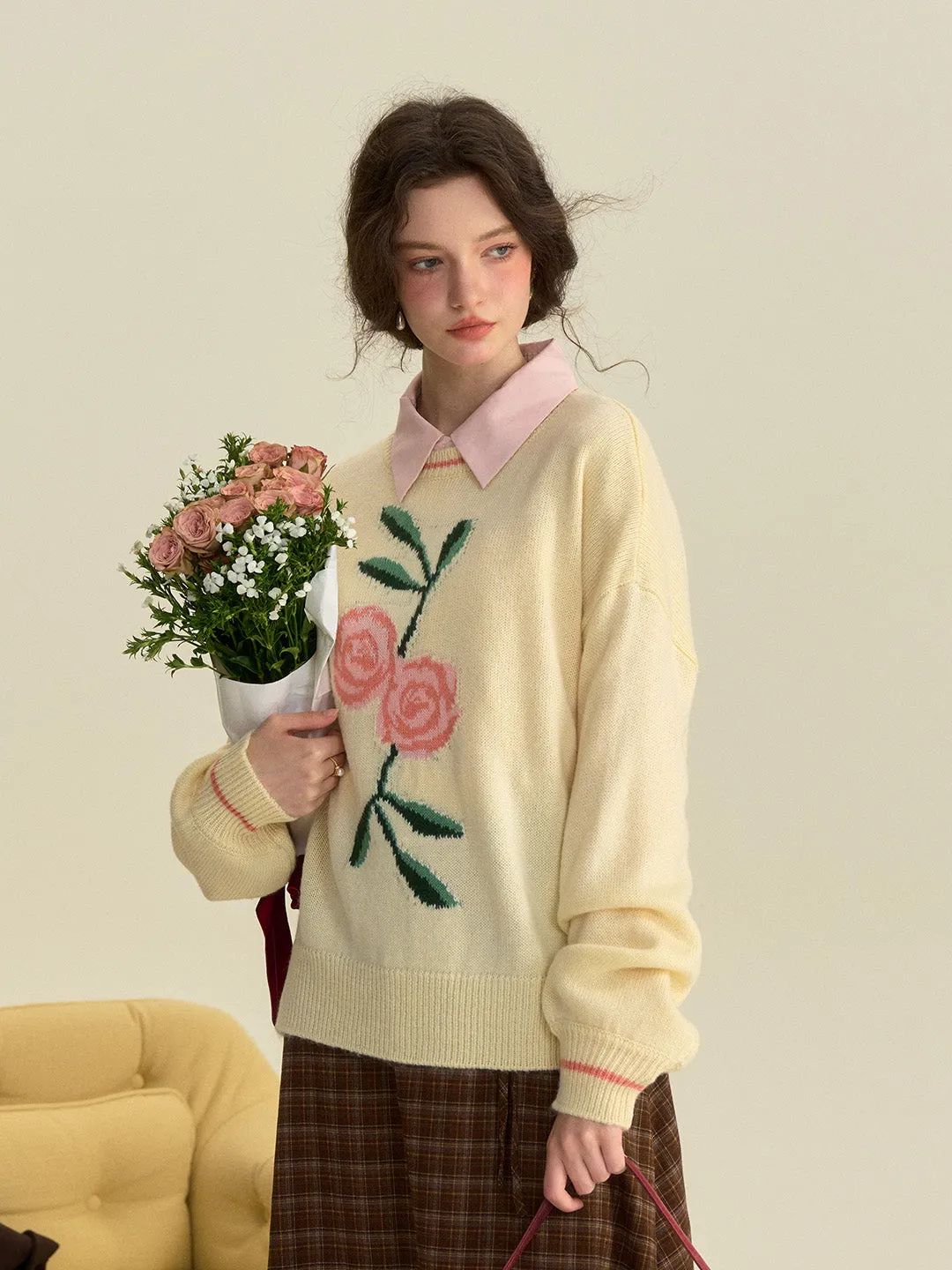 【Final Sale】Ayra Round Neck Flower Pattern Elegant Long Sleeve Pullover Jumper sold by Simple Retro product image thumbnail 5