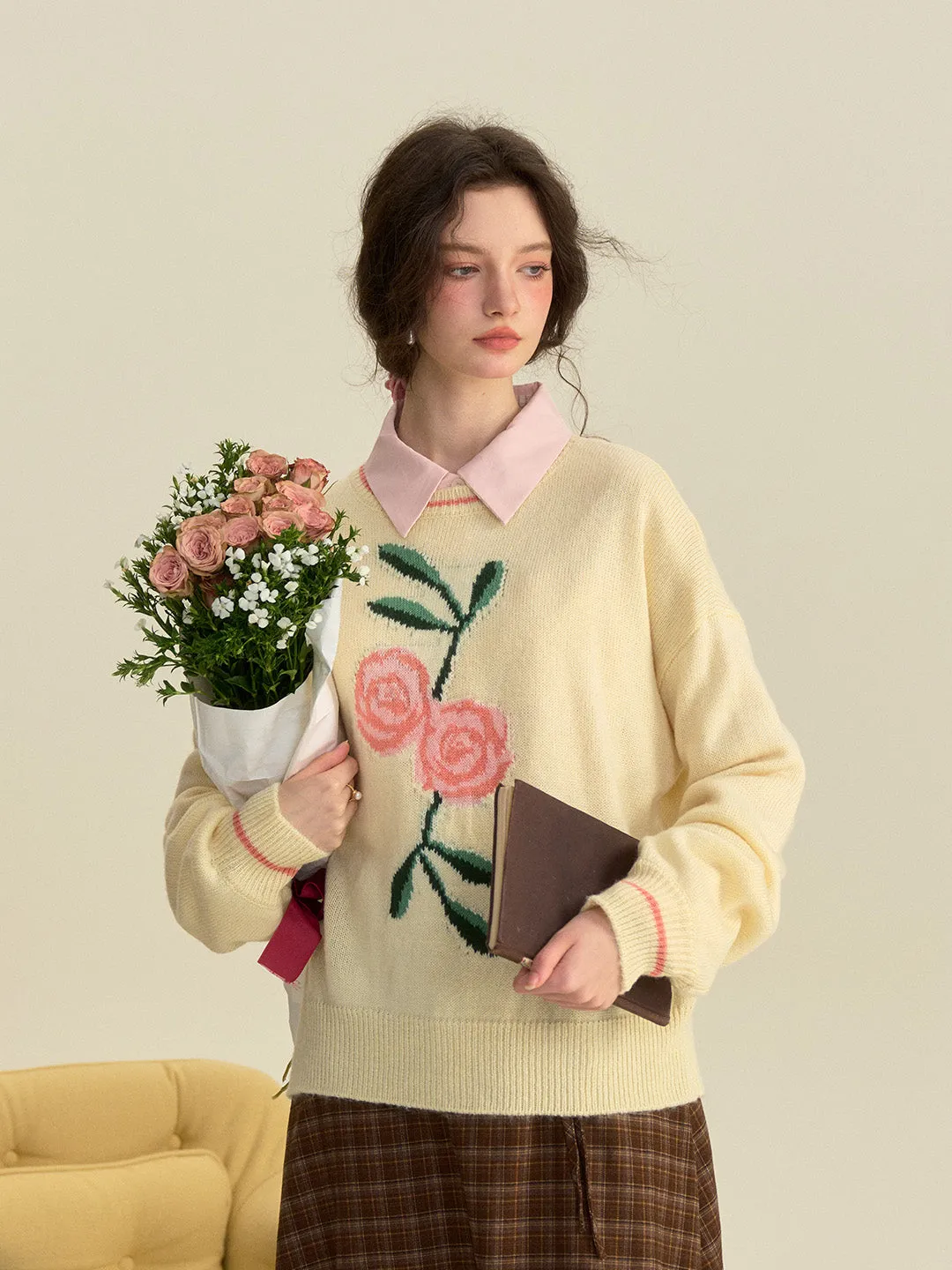 【Final Sale】Ayra Round Neck Flower Pattern Elegant Long Sleeve Pullover Jumper sold by Simple Retro product image thumbnail 3