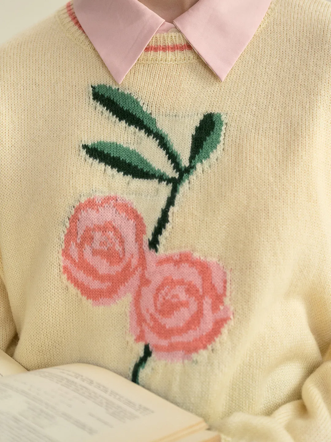 【Final Sale】Ayra Round Neck Flower Pattern Elegant Long Sleeve Pullover Jumper sold by Simple Retro product image thumbnail 2