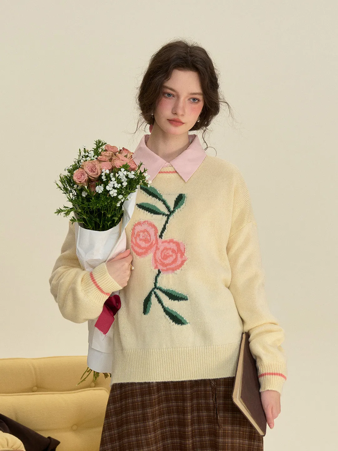【Final Sale】Ayra Round Neck Flower Pattern Elegant Long Sleeve Pullover Jumper sold by Simple Retro