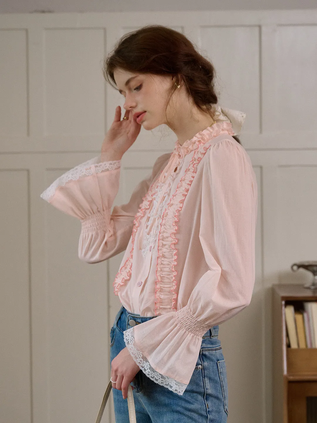 【Final Sale】Ramona Mock Neck Ruched Bow Contrast Lace Cotton Blouse sold by Simple Retro product image thumbnail 5