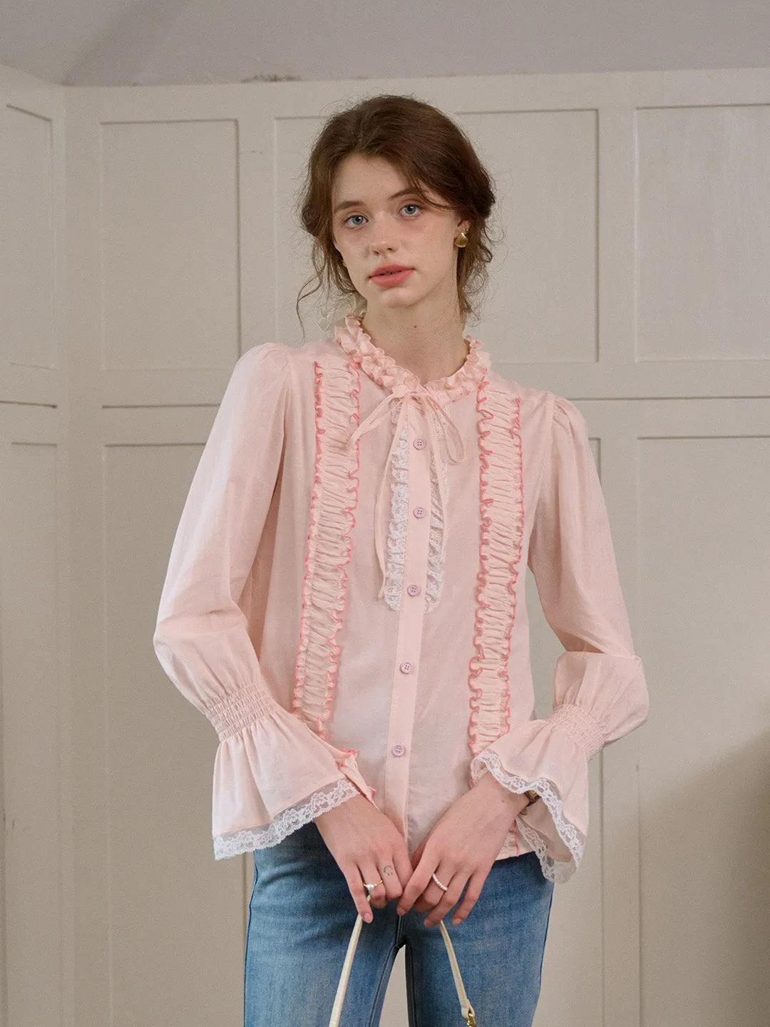 【Final Sale】Ramona Mock Neck Ruched Bow Contrast Lace Cotton Blouse sold by Simple Retro