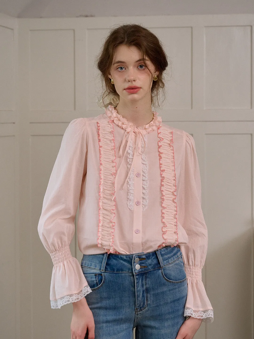 【Final Sale】Ramona Mock Neck Ruched Bow Contrast Lace Cotton Blouse sold by Simple Retro product image thumbnail 4