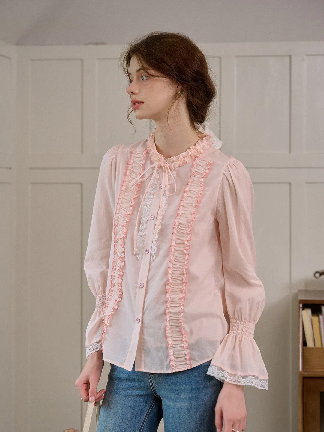 【Final Sale】Ramona Mock Neck Ruched Bow Contrast Lace Cotton Blouse sold by Simple Retro product image thumbnail 2