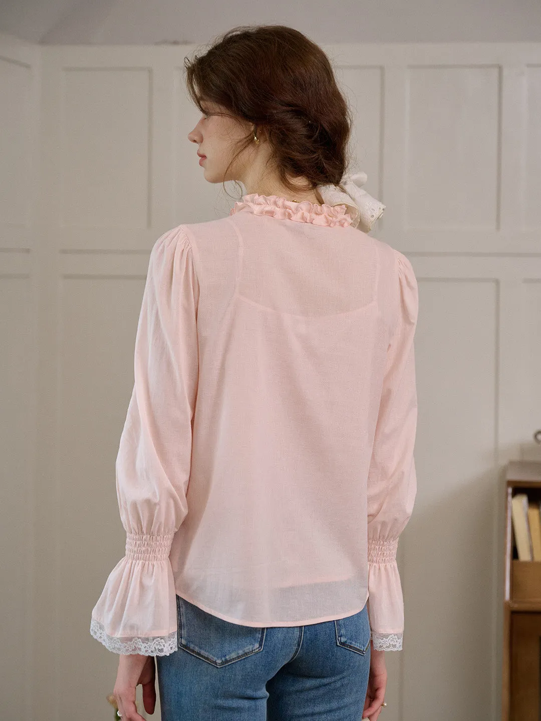 【Final Sale】Ramona Mock Neck Ruched Bow Contrast Lace Cotton Blouse sold by Simple Retro product image thumbnail 3