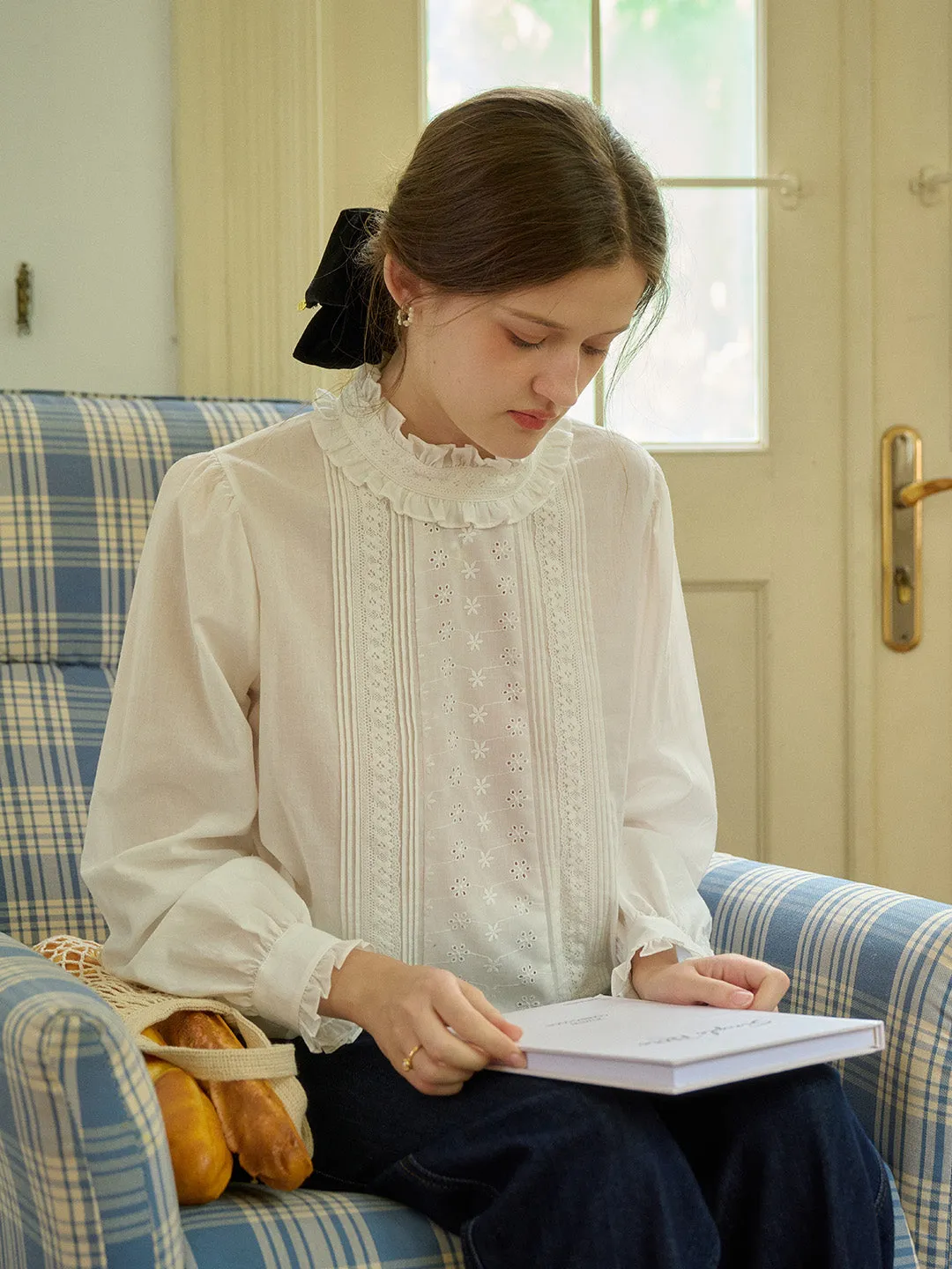 【Final Sale】Kiana Vintage Trim Mock Neck Lace Panel Floral Embroidered Cotton Eedwardian Style Blouse sold by Simple Retro