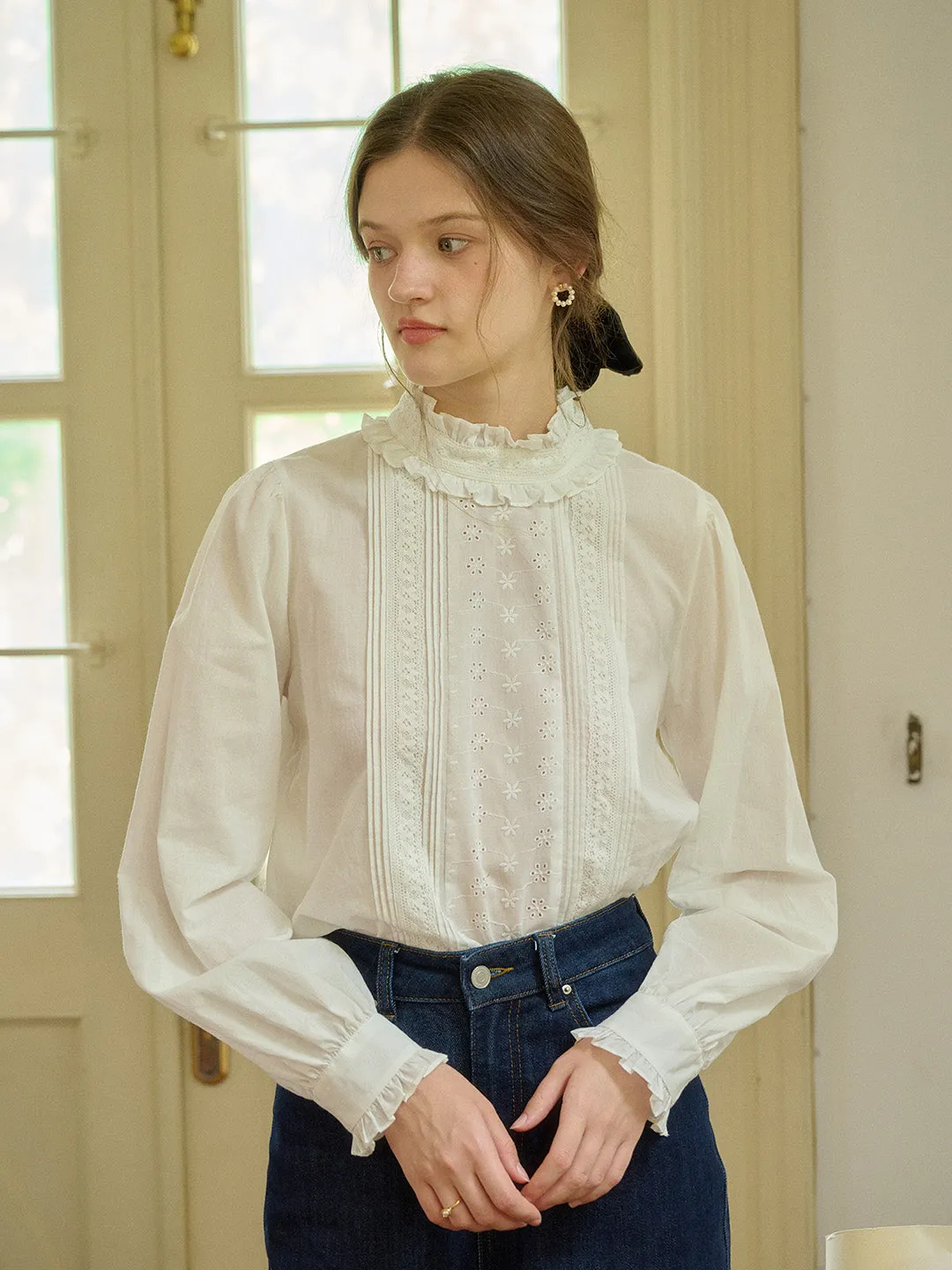 【Final Sale】Kiana Vintage Trim Mock Neck Lace Panel Floral Embroidered Cotton Eedwardian Style Blouse sold by Simple Retro product image thumbnail 5