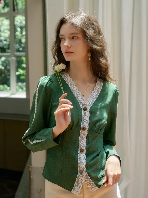 【Final Sale】Karlie Retro V-neck Lace Blouse sold by Simple Retro